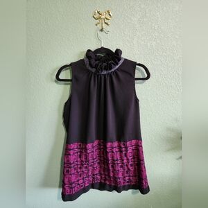 Karen Kane Sleeveless Top With Purple Embroidery Ruffle High Neckline